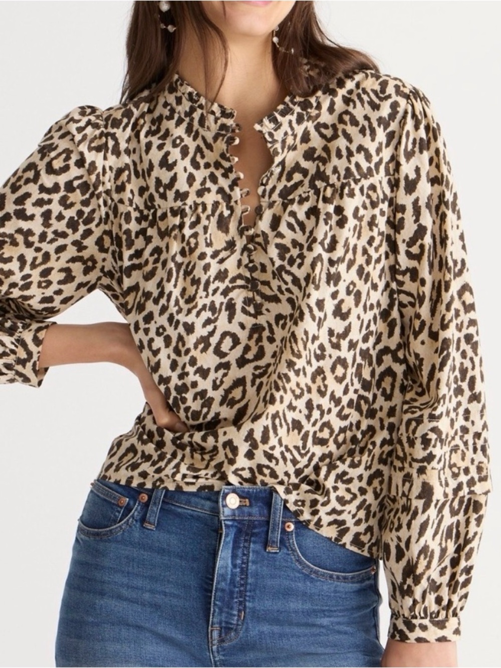 J.Crew Button-front ruffleneck popover in leopard print STYLE #BL084 cream brown